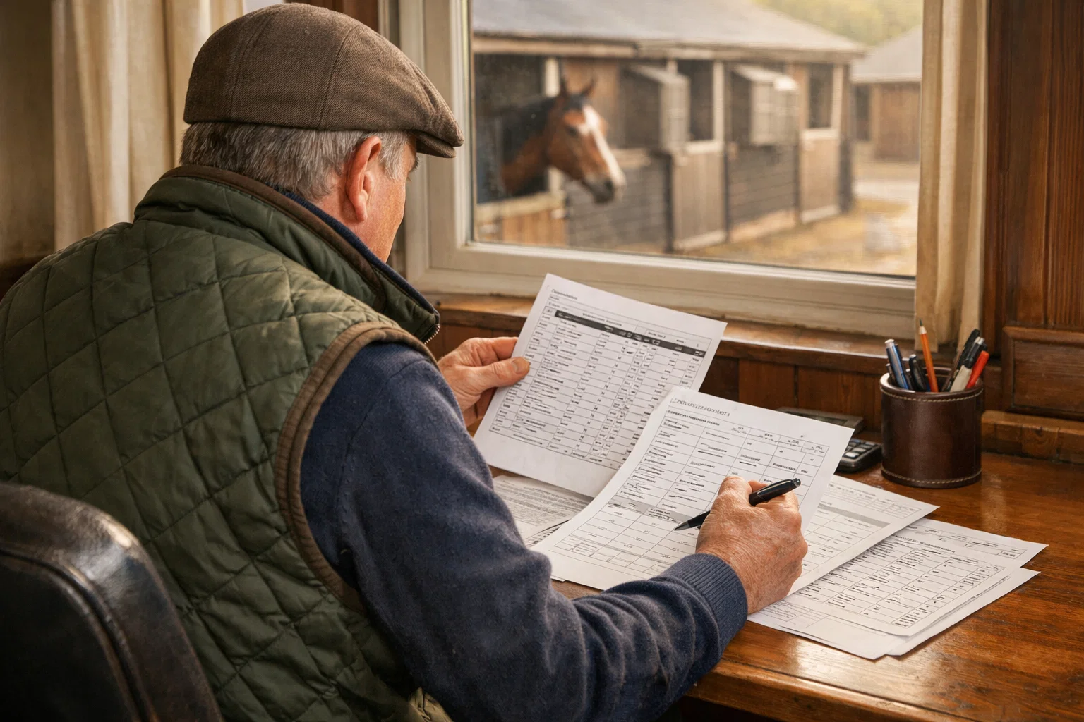 Trainer reviewing final declarations paperwork in a racing yard office