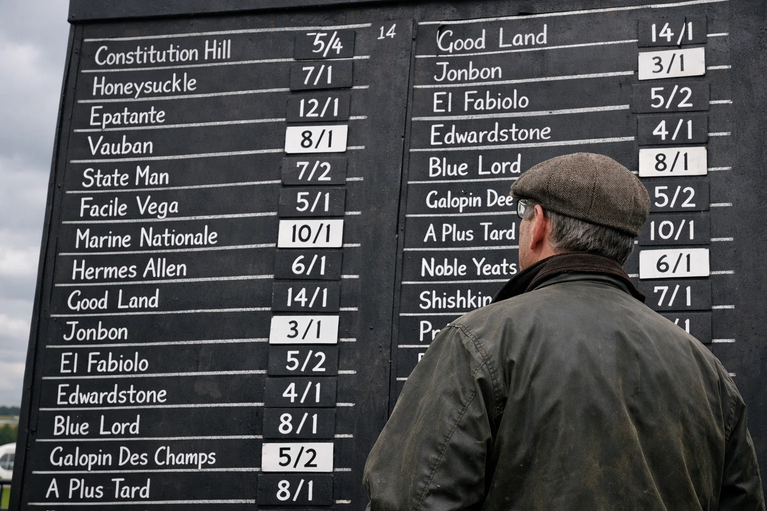 Punter studying ante-post odds on a racecourse betting board weeks before a festival