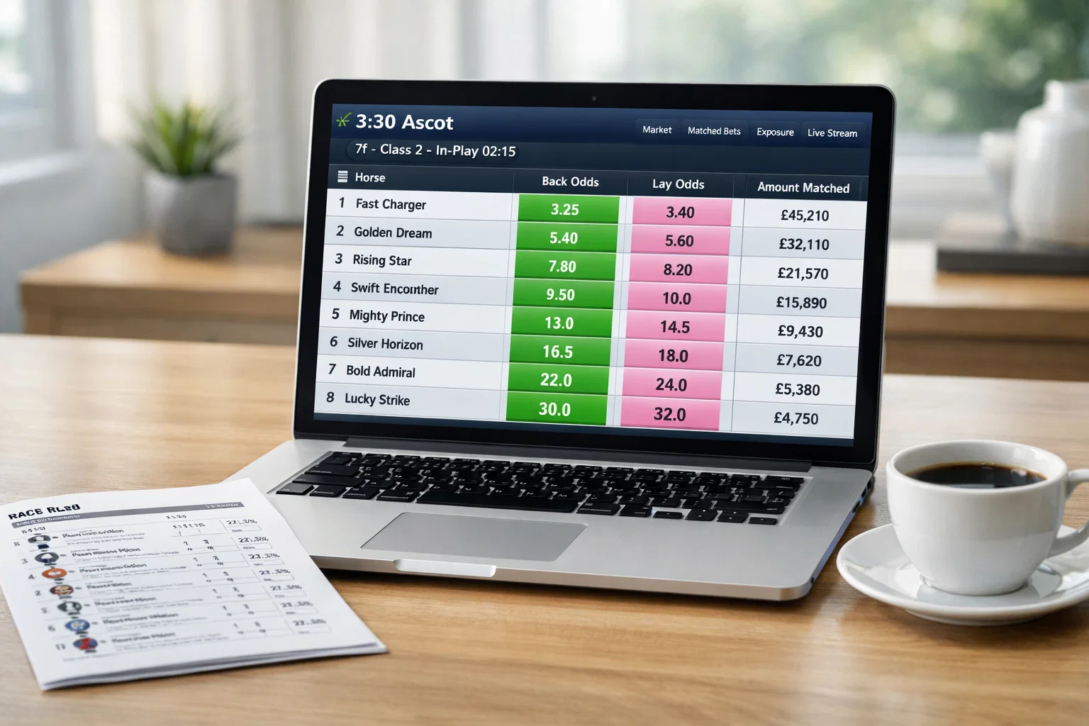 Laptop screen displaying a Betfair Exchange horse racing market