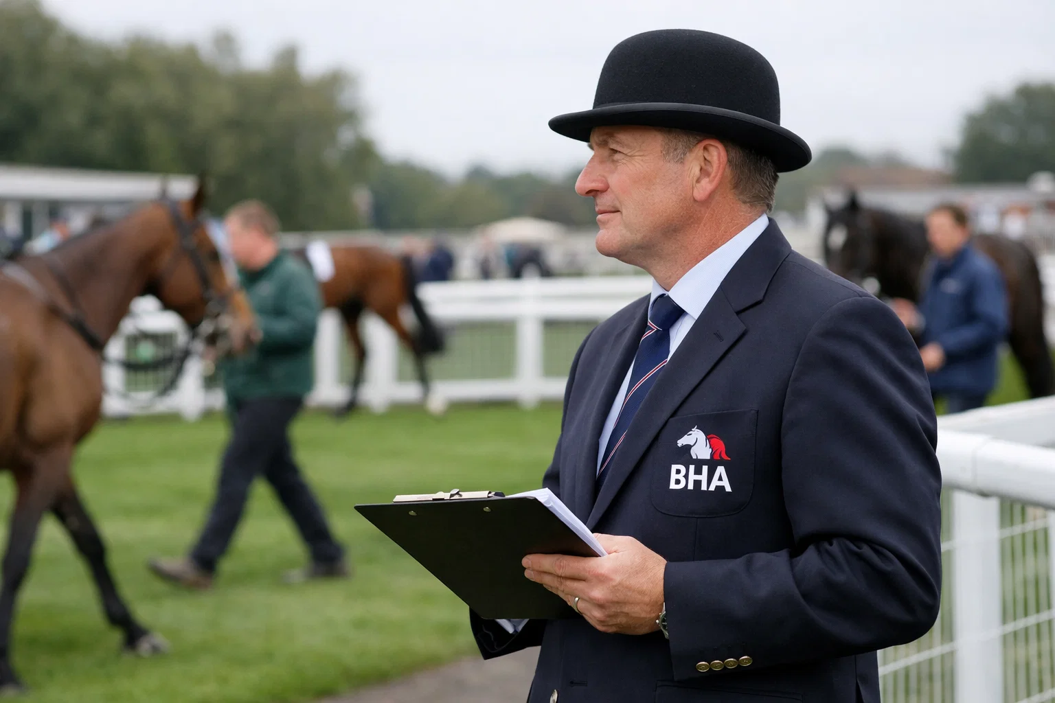 Official BHA steward inspecting horses in the pre-parade ring at a UK racecourse