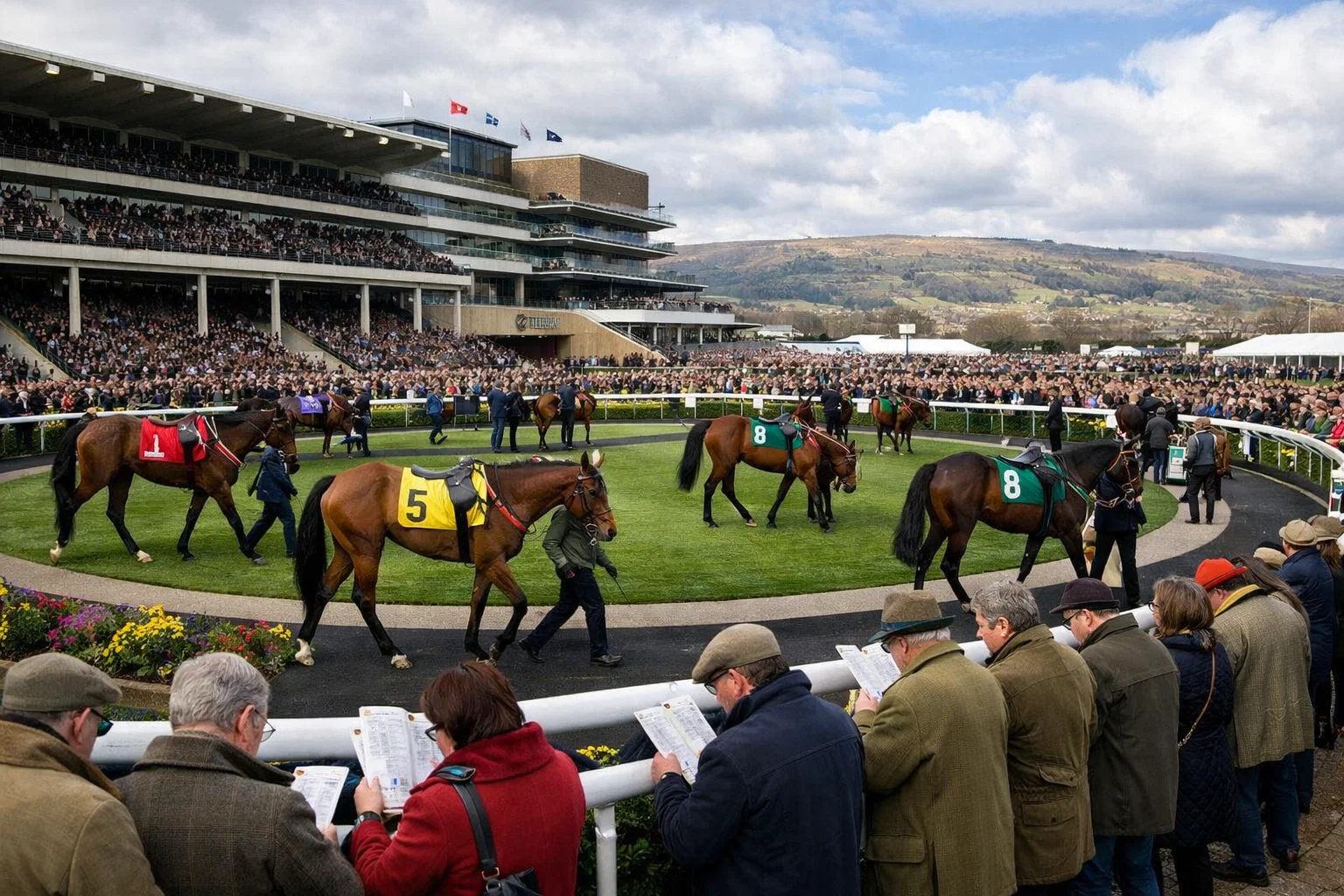 Cheltenham Festival parade ring with horses before racing — major festivals see highest non-runner impact