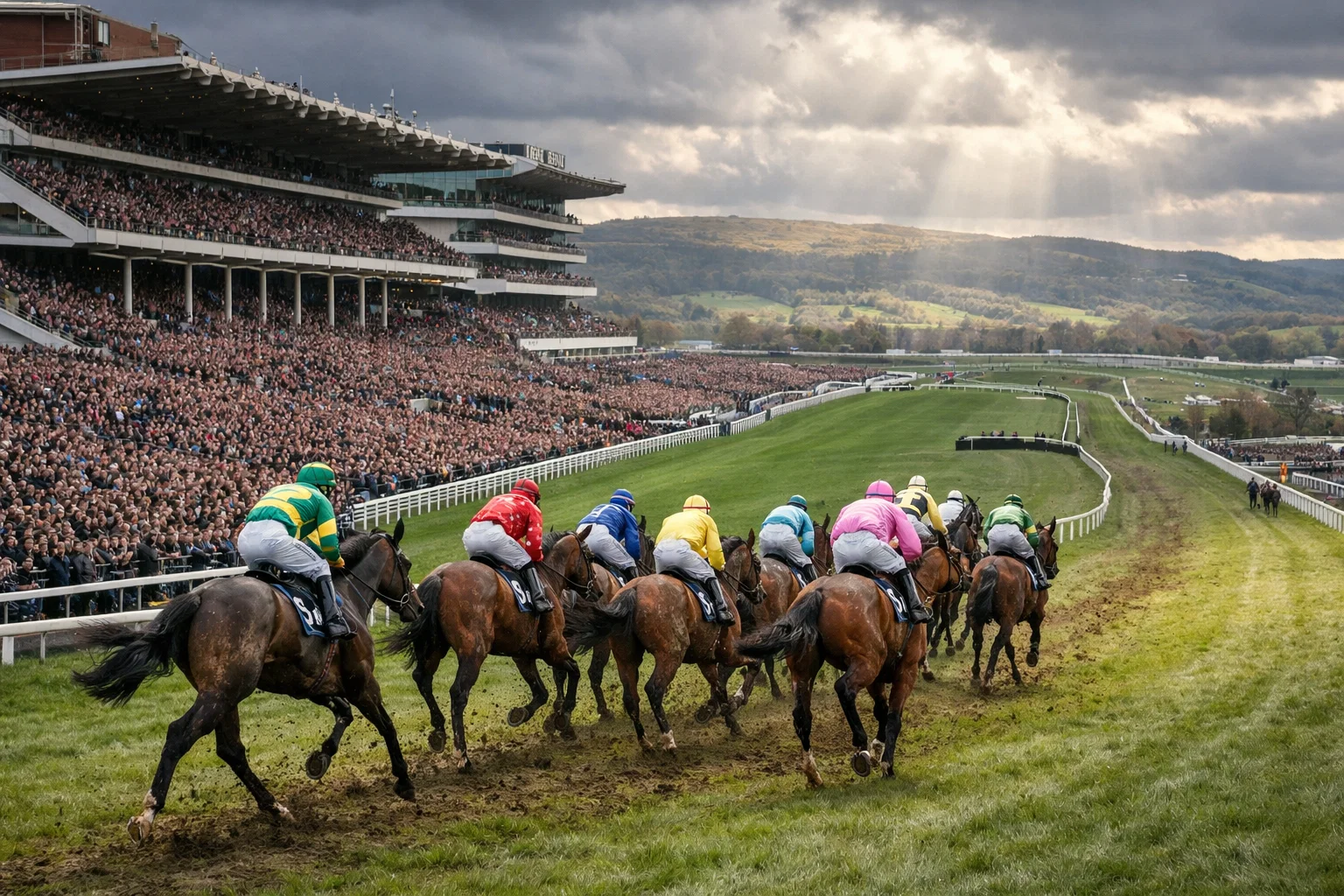 Cheltenham Racecourse packed with spectators on Gold Cup day with horses racing uphill