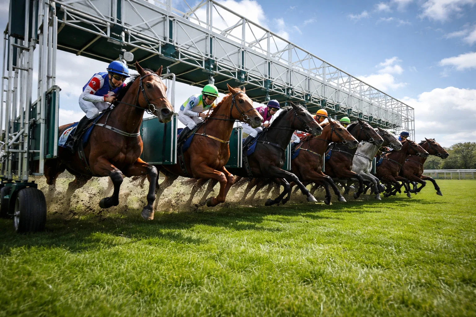 Starting stalls opening at a UK flat racecourse with horses breaking from the gate
