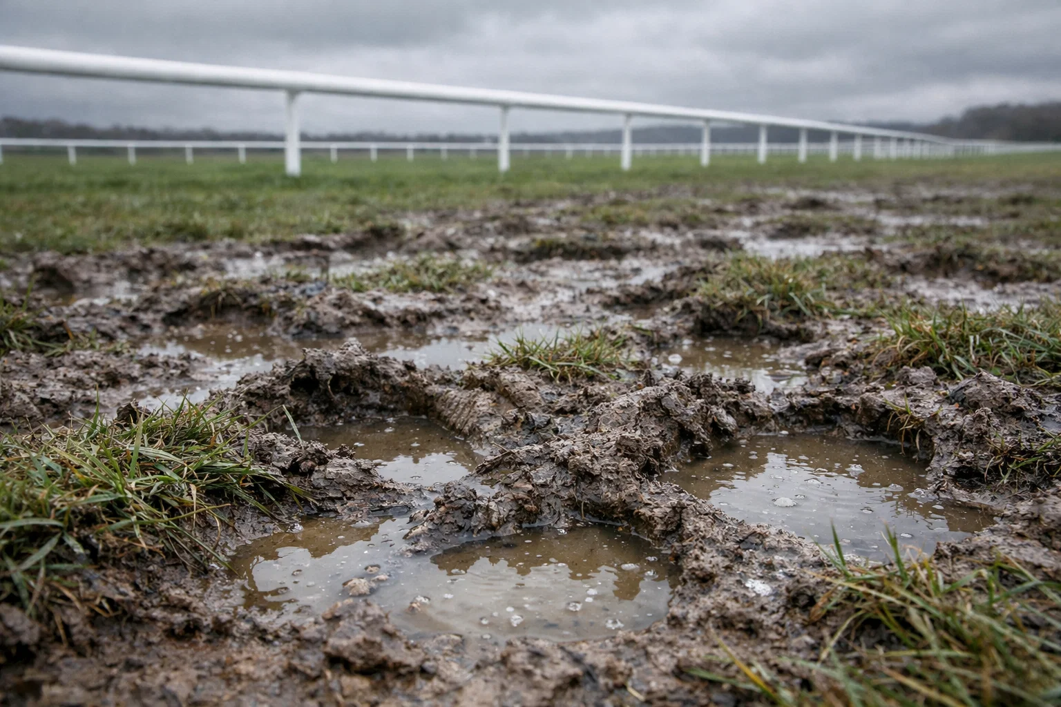 Close-up of heavy waterlogged turf on a UK racecourse after rain