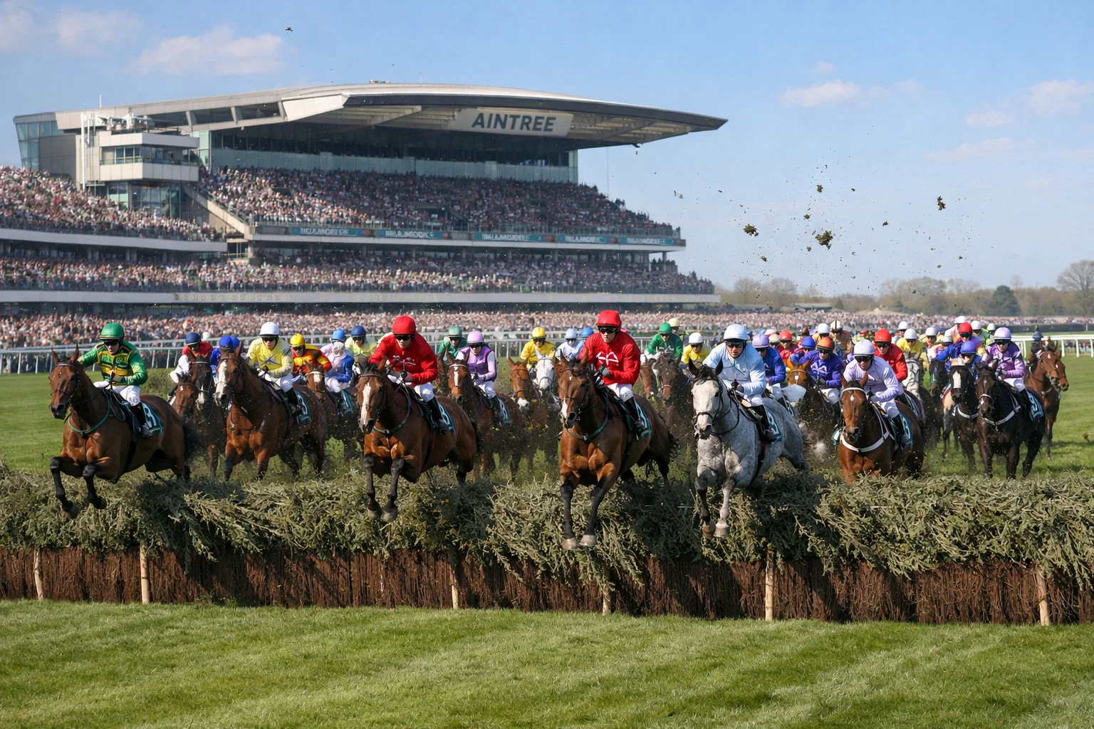 Large field of steeplechase horses approaching the first fence at Aintree Grand National