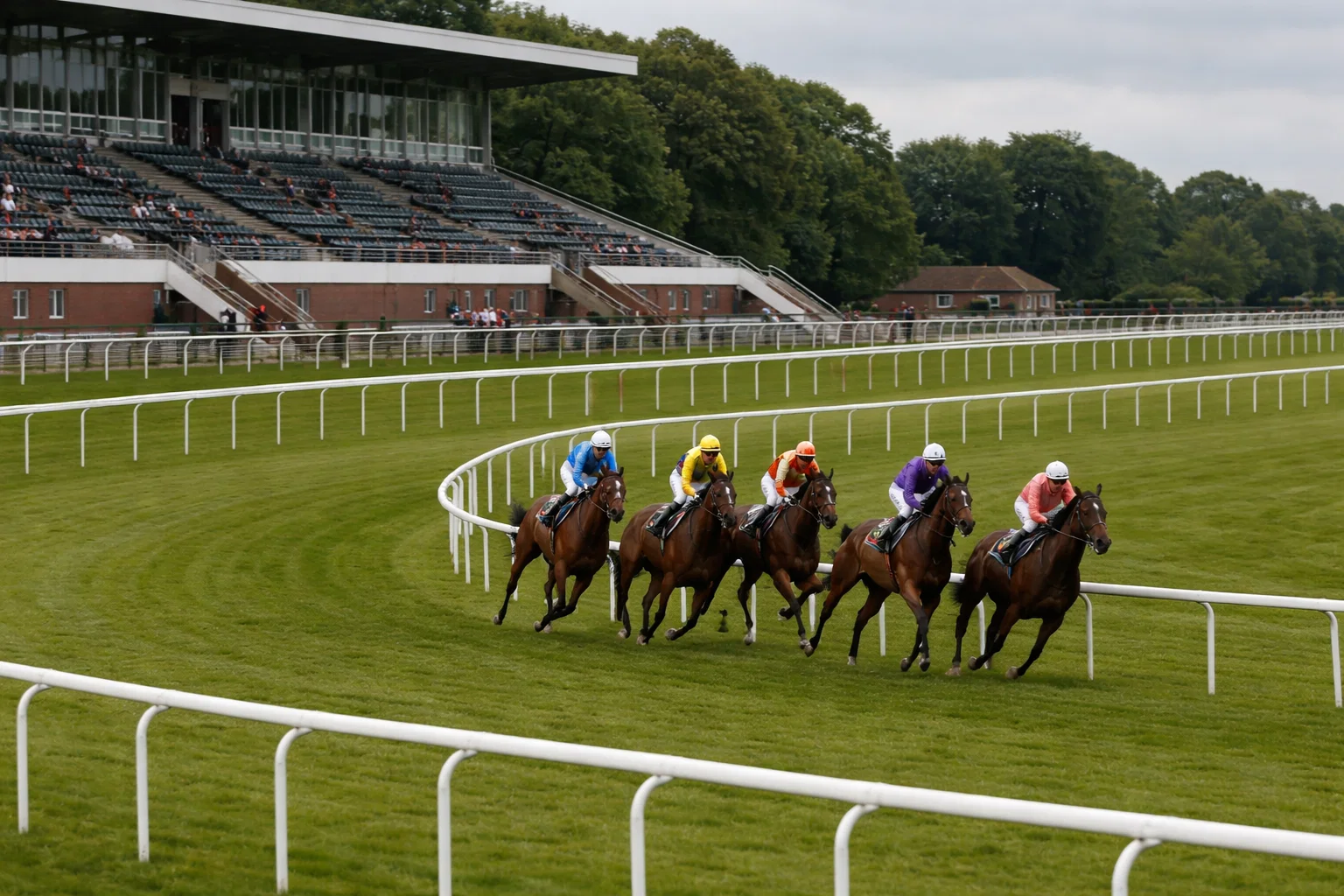 Small field of horses racing around a bend on a quiet UK racecourse