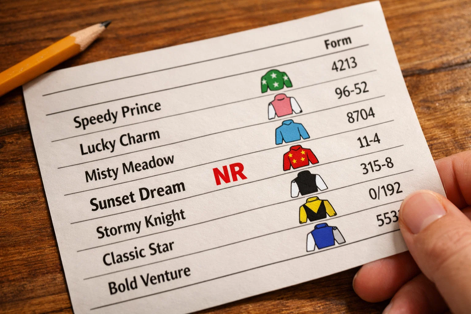 Horse racing racecard showing NR non-runner status next to a withdrawn horse