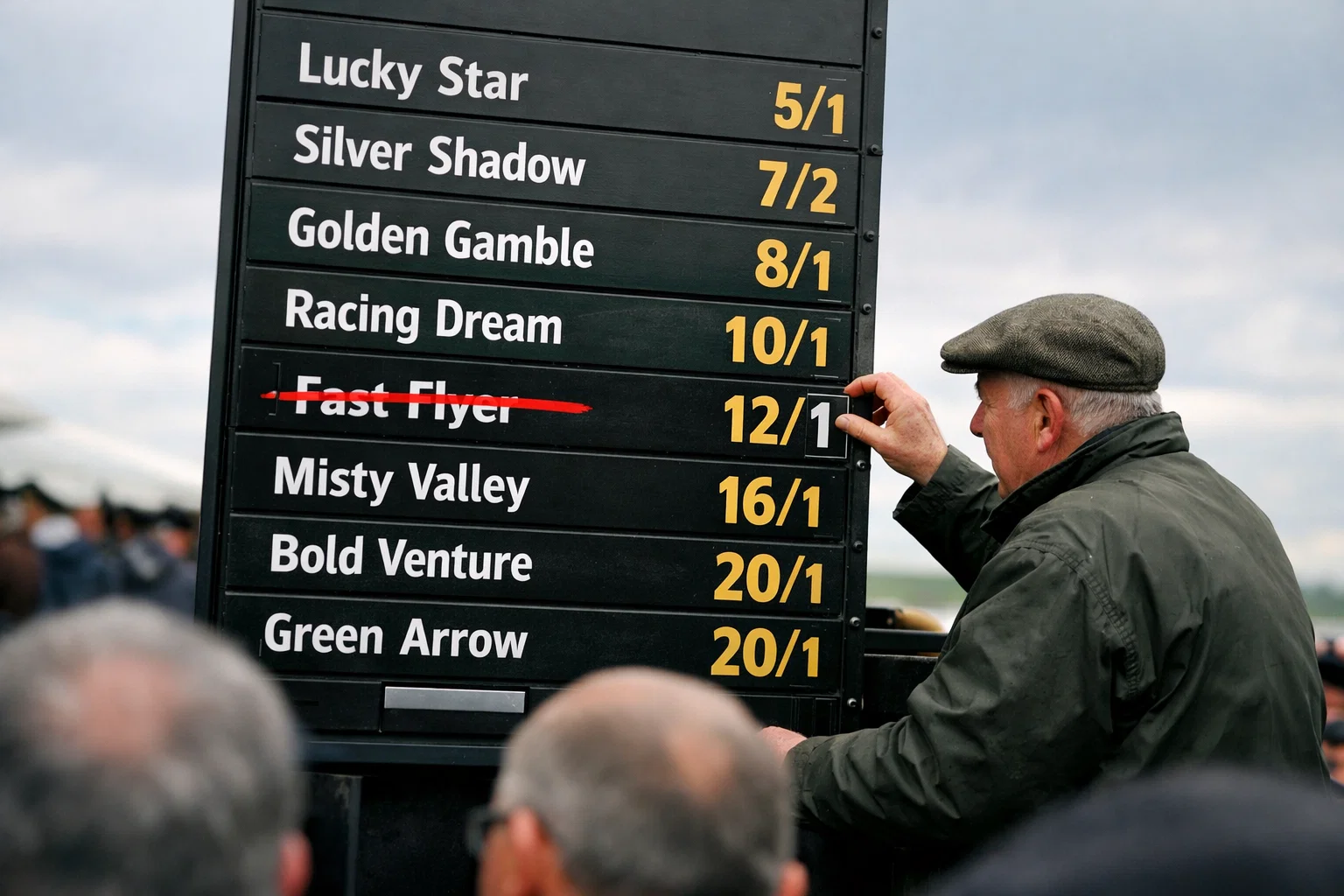 Horse racing odds board showing market movement after non-runner withdrawal at UK bookmaker