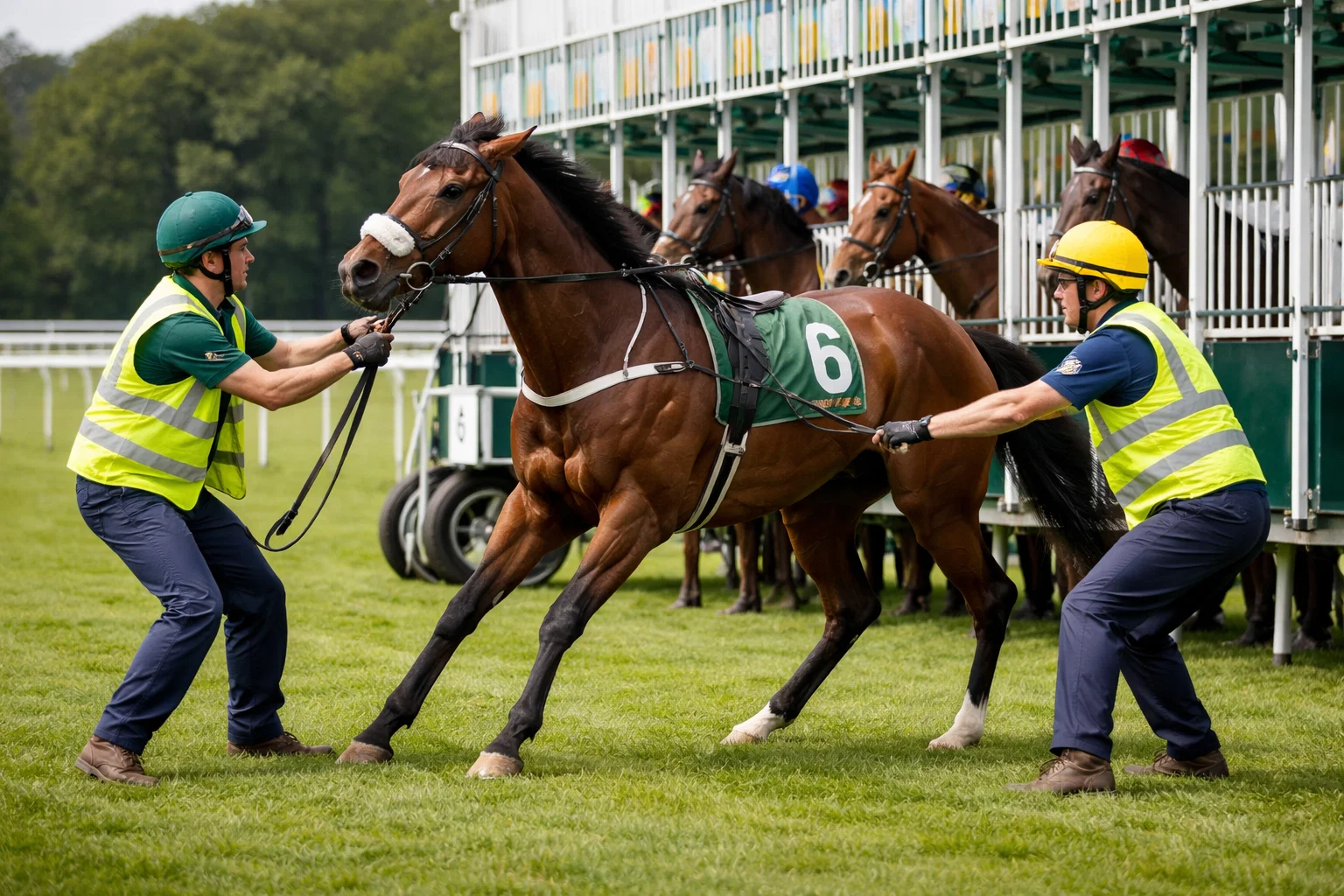 Handlers guiding a reluctant horse towards the starting stalls at a UK flat racecourse