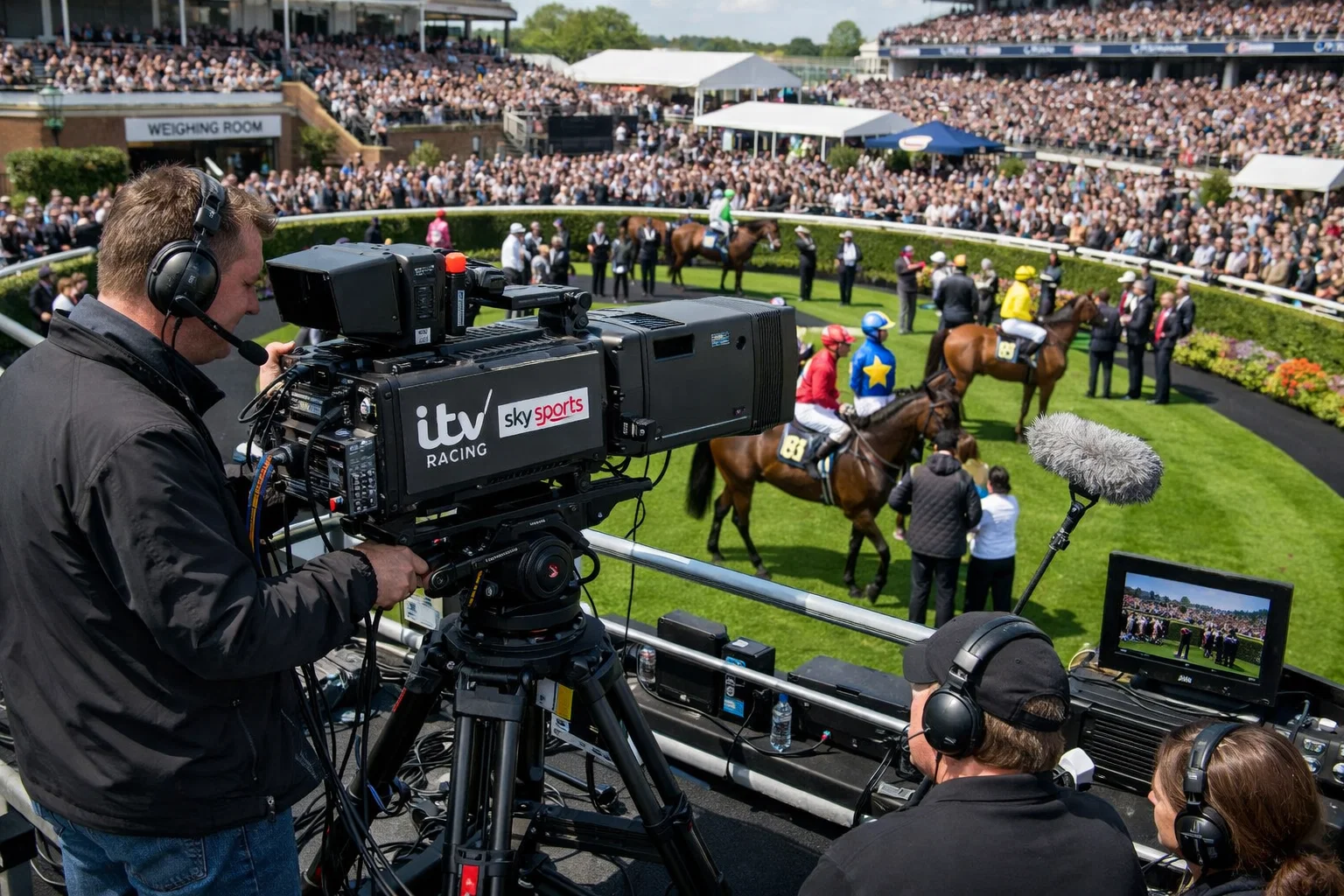 Television camera crew filming horses in the parade ring on a busy ITV Racing Saturday