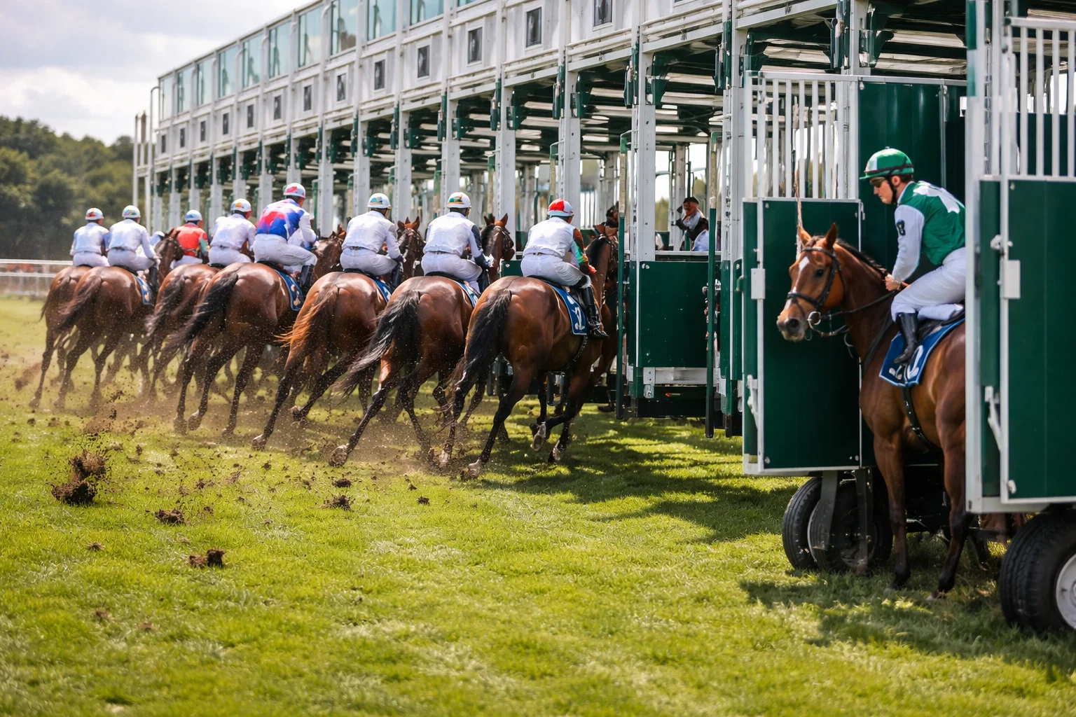 Starting stalls with one gate still closed as other horses sprint away at a UK racecourse