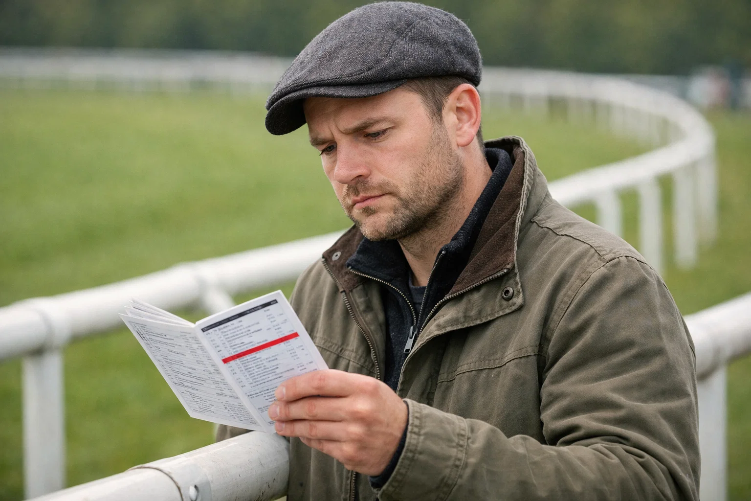 Punter checking a racecard after a horse racing non-runner withdrawal