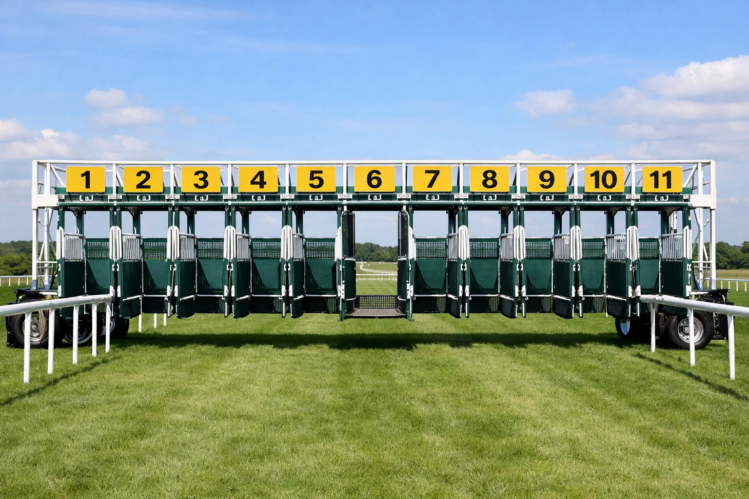 Numbered starting stalls on a straight sprint course at a UK racecourse