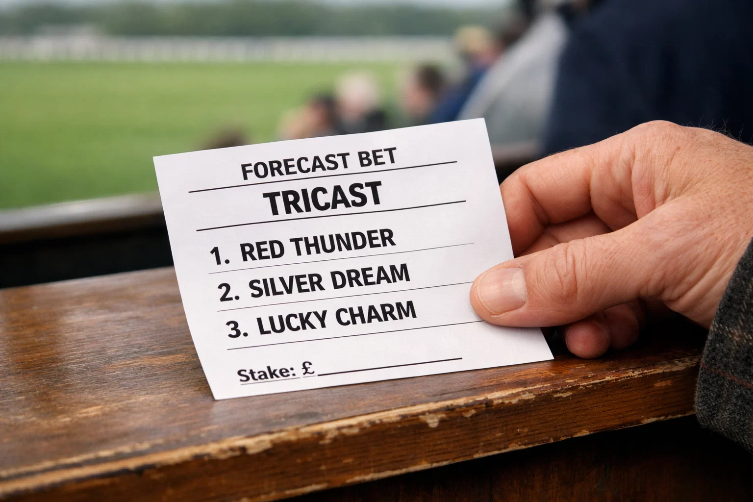 Close-up of a forecast betting slip with three horse selections on a racecourse counter