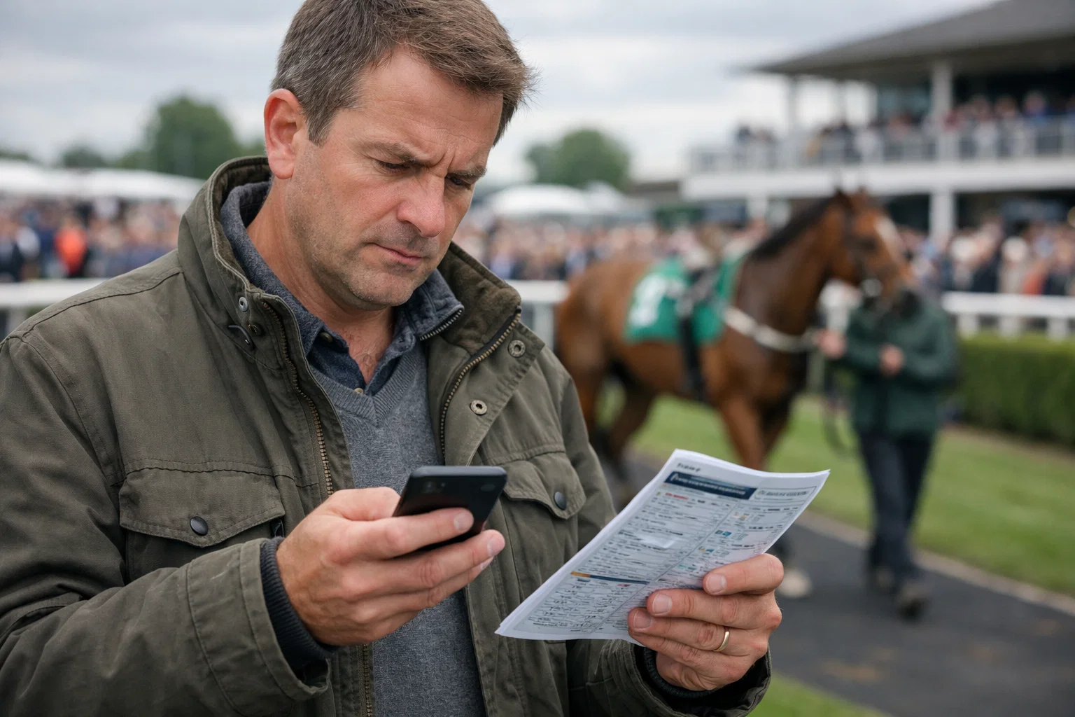 Punter studying a racecard and checking a phone for non-runner updates at a racecourse