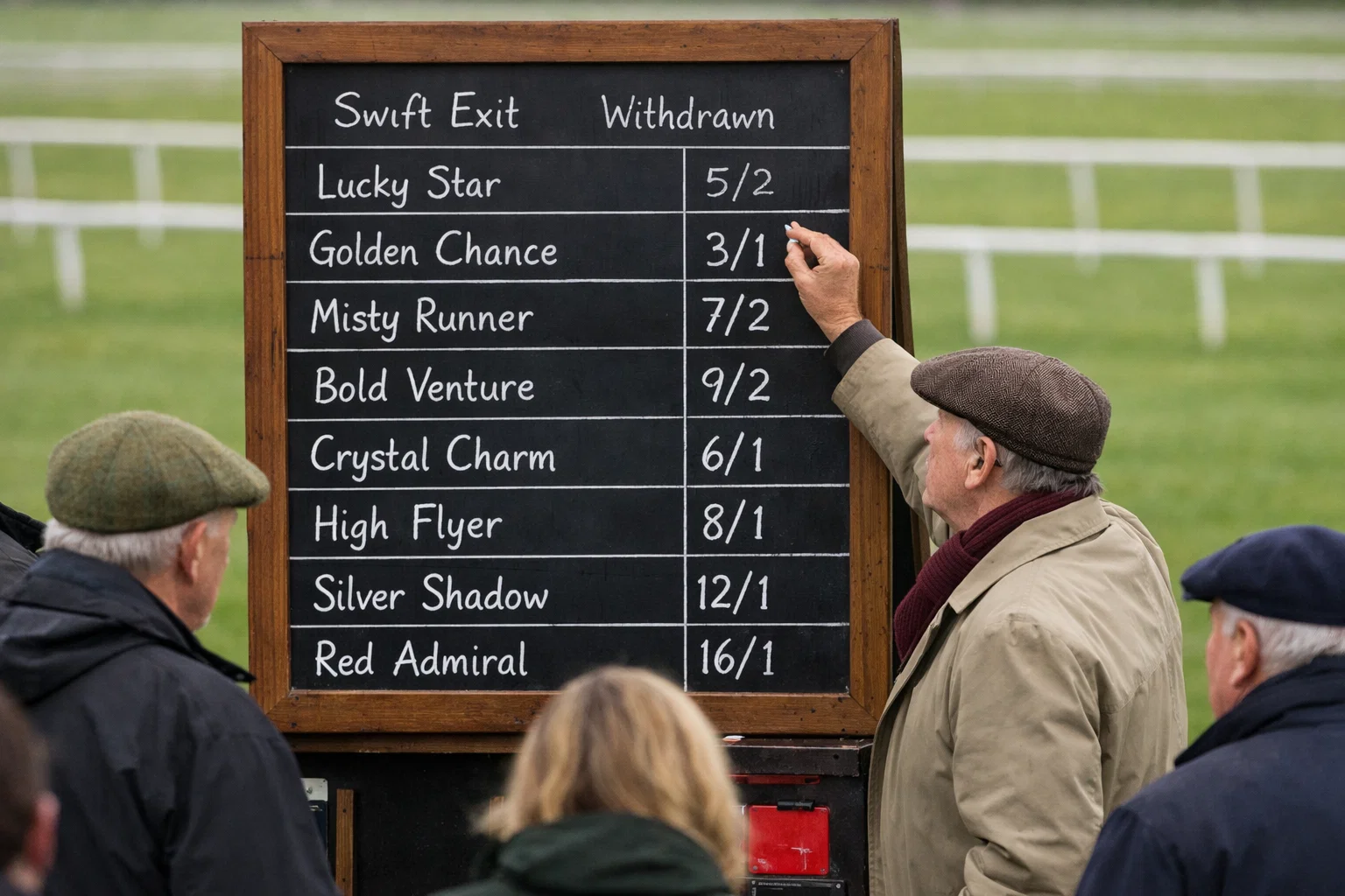 On-course bookmaker adjusting odds on a traditional chalk betting board after a withdrawal