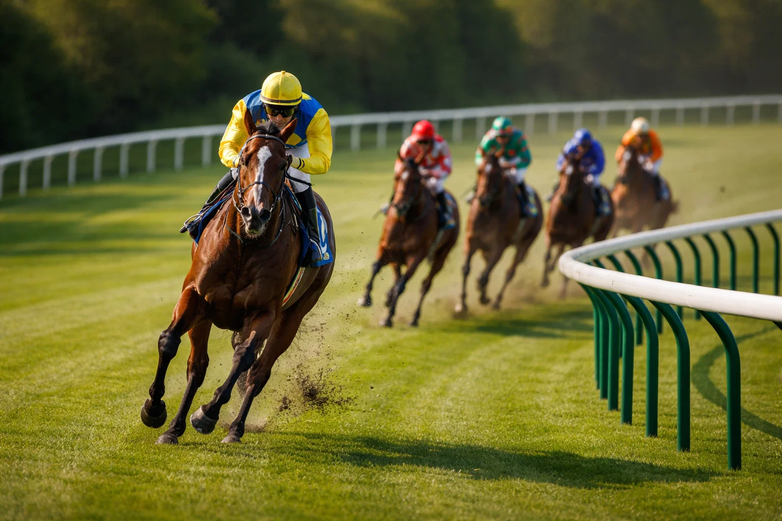 Front-runner leading a group of horses into a bend during a UK flat race