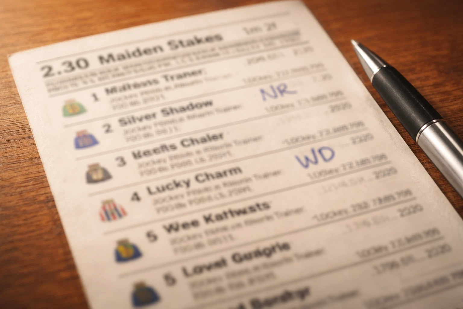 Racecard showing non-runner and withdrawn horse status markings