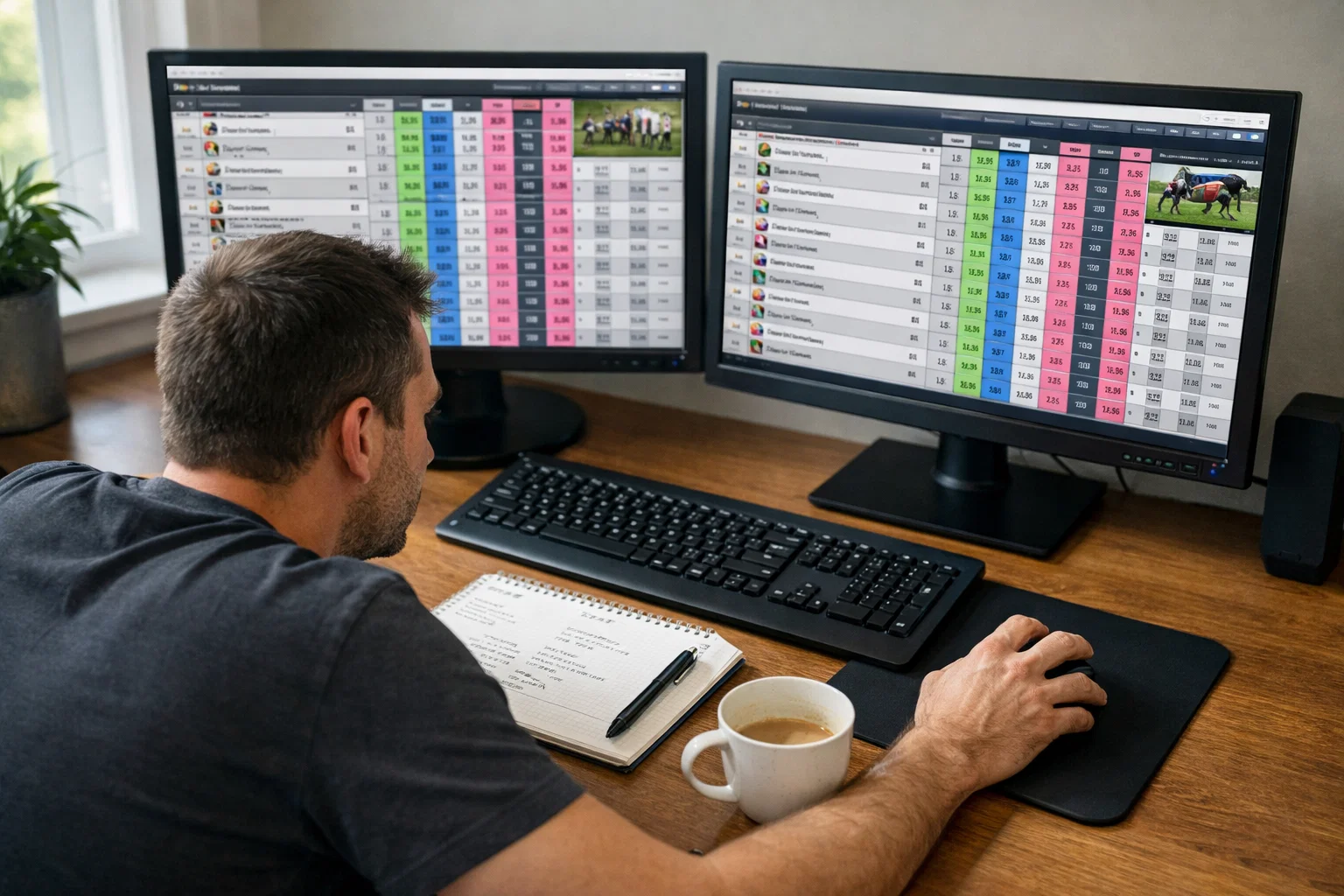 Trader monitoring a betting exchange screen with horse racing markets before the off