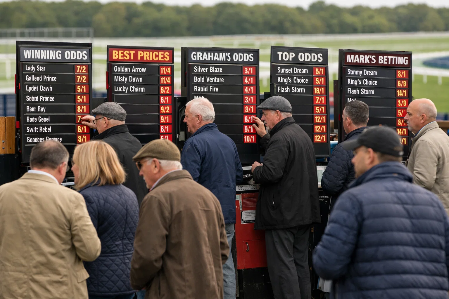 Row of bookmaker stalls at a UK racecourse with odds boards displayed