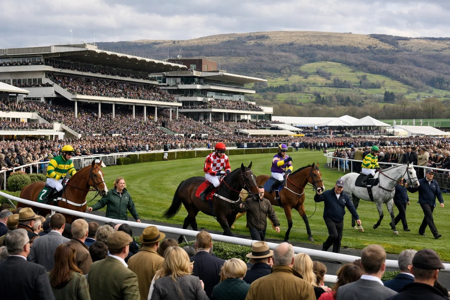 Cheltenham Racecourse grandstand on a busy festival day with horses in the parade ring