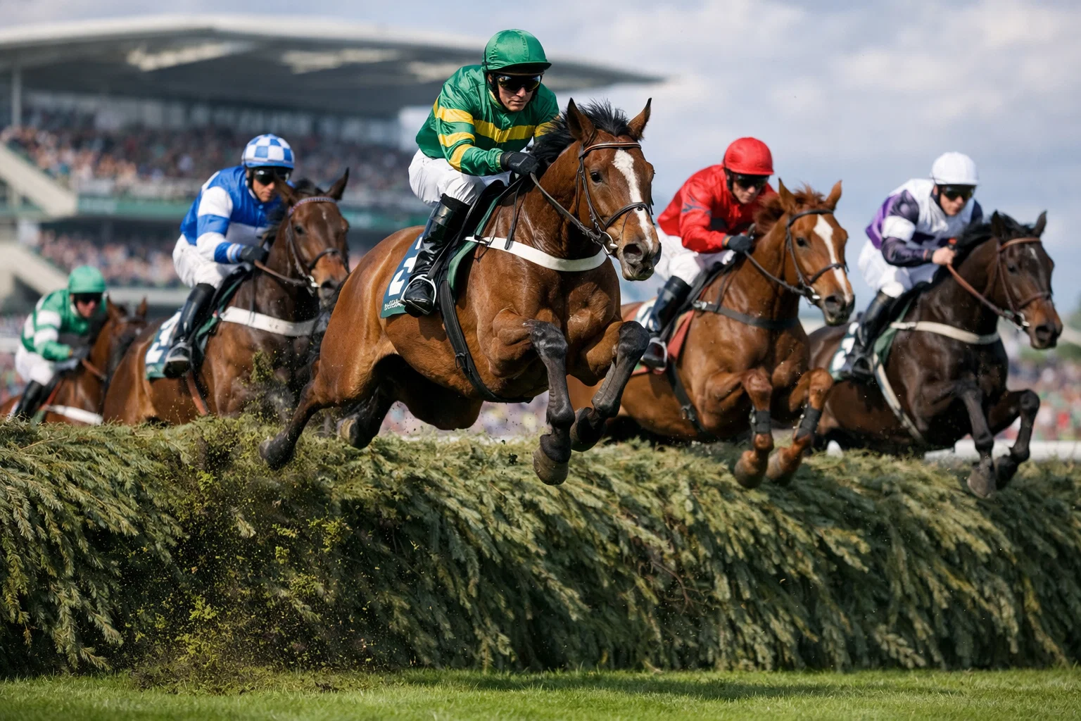 Horses jumping a fence at Aintree during the Grand National steeplechase