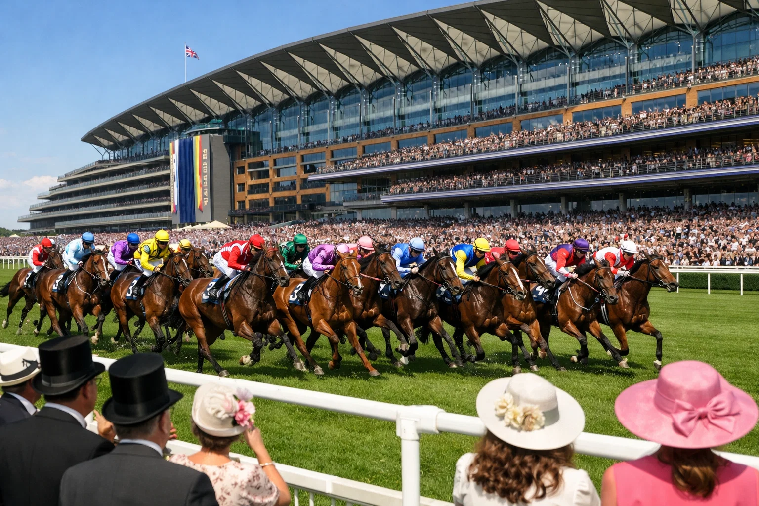 Horses galloping past the Royal Ascot grandstand during a big-field flat handicap race