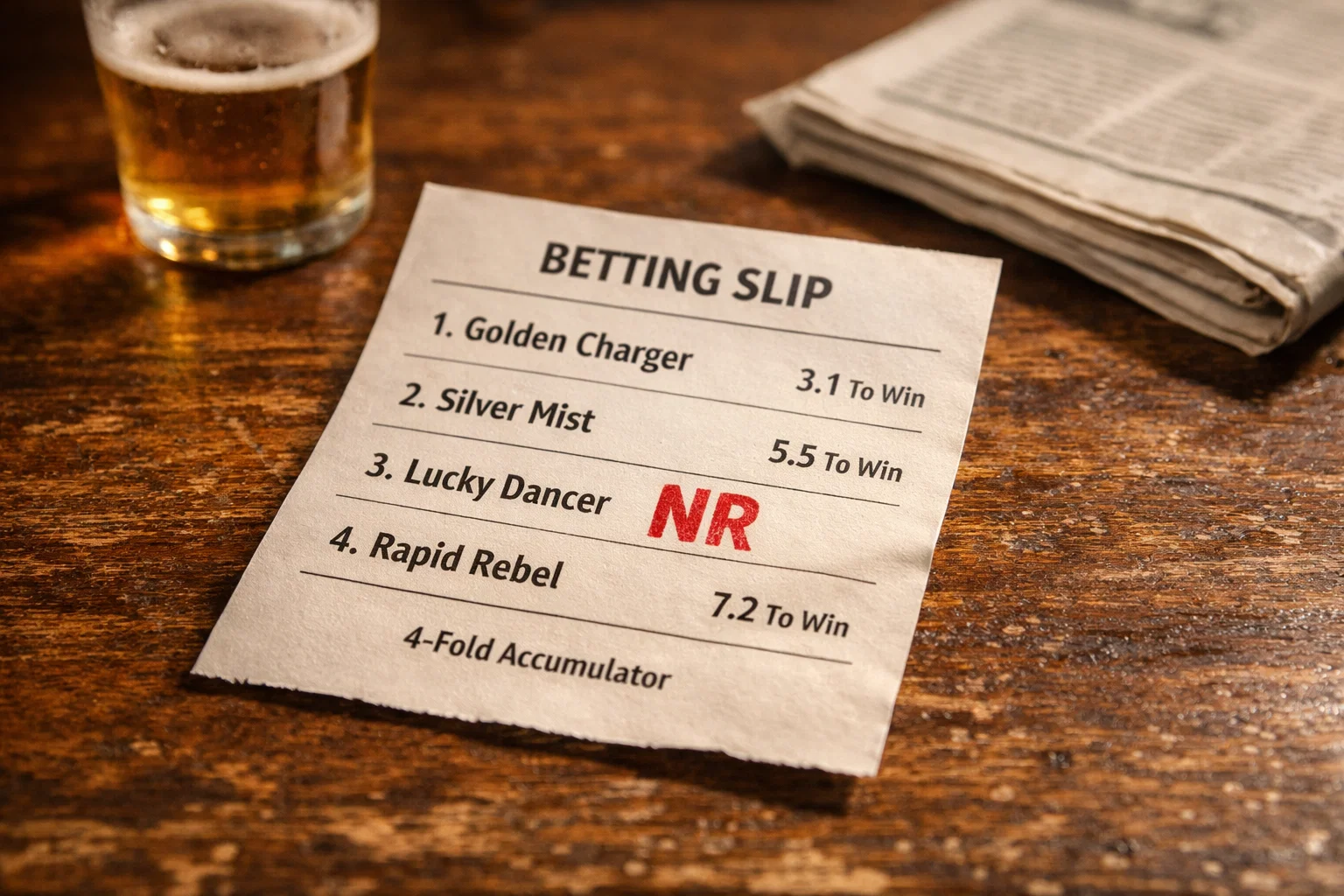 Betting slip showing a four-fold accumulator with one leg marked as non-runner