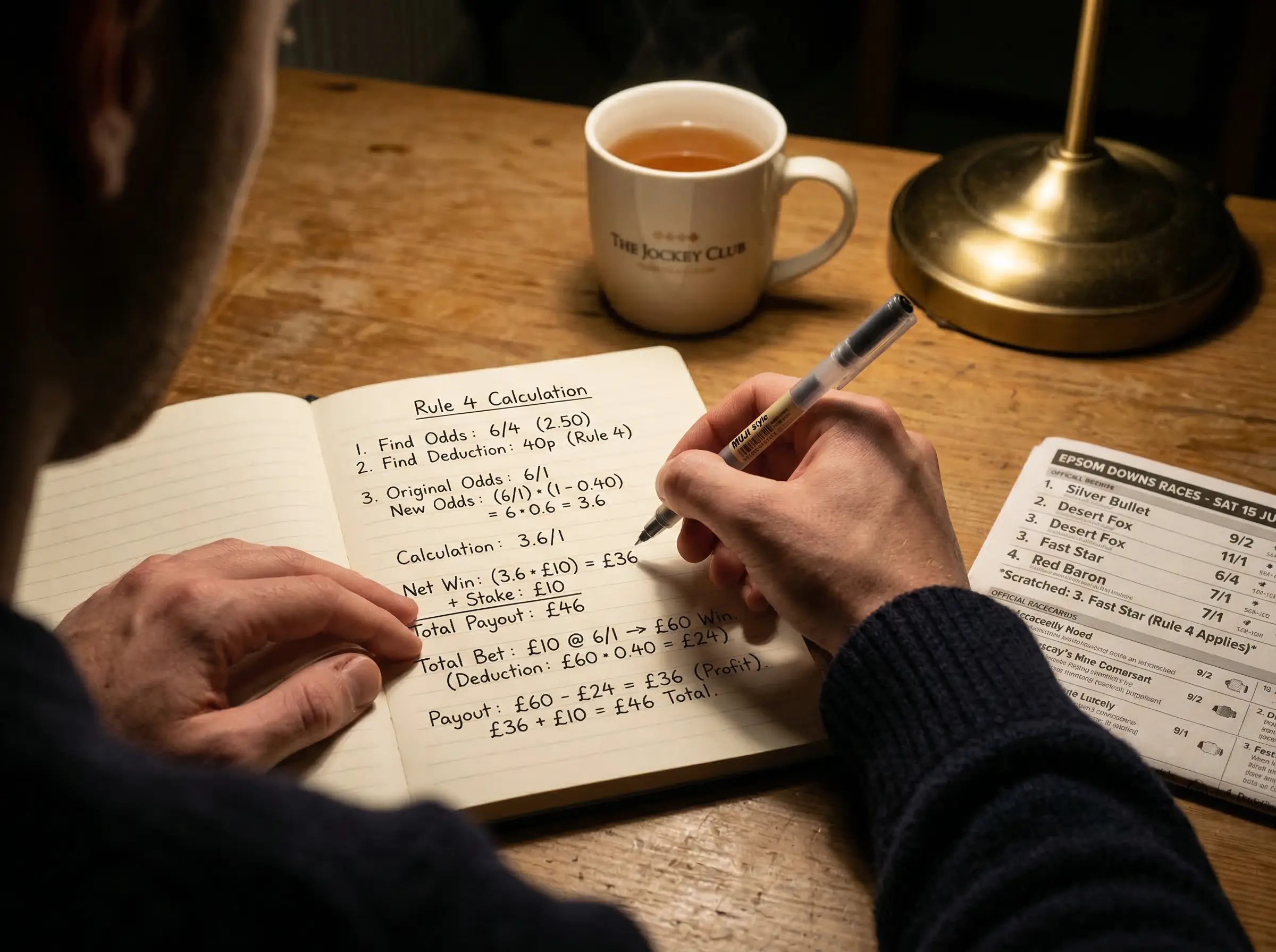 Person writing Rule 4 deduction calculations on a notepad beside a racecard