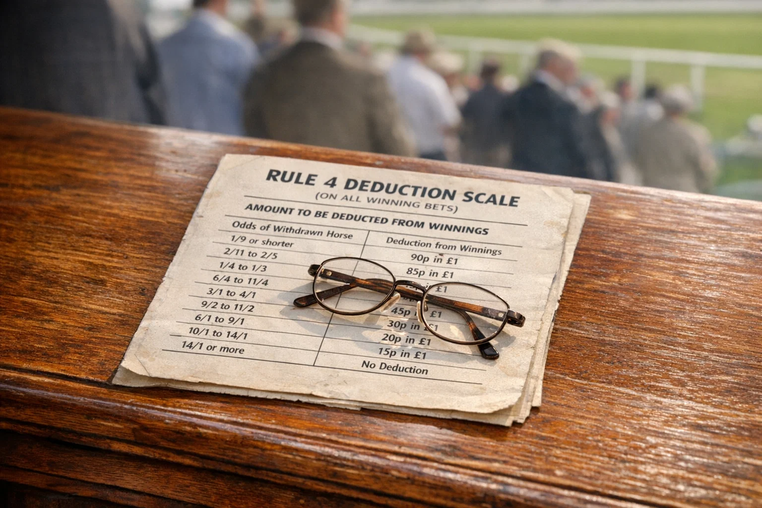 Printed Rule 4 deduction table on a racecourse betting counter