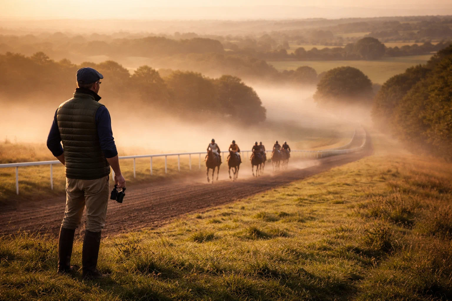 Horse trainer watching horses exercise on a gallops in early morning light