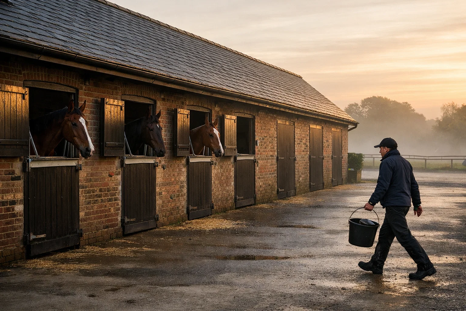 Quiet training yard with a few horses looking out from their stables in morning light