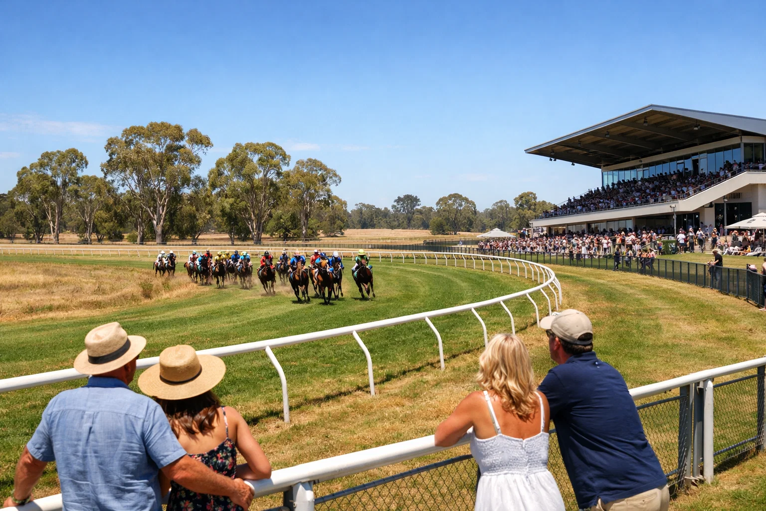 Wide shot of a horse racing meeting at an Australian racecourse on a sunny day